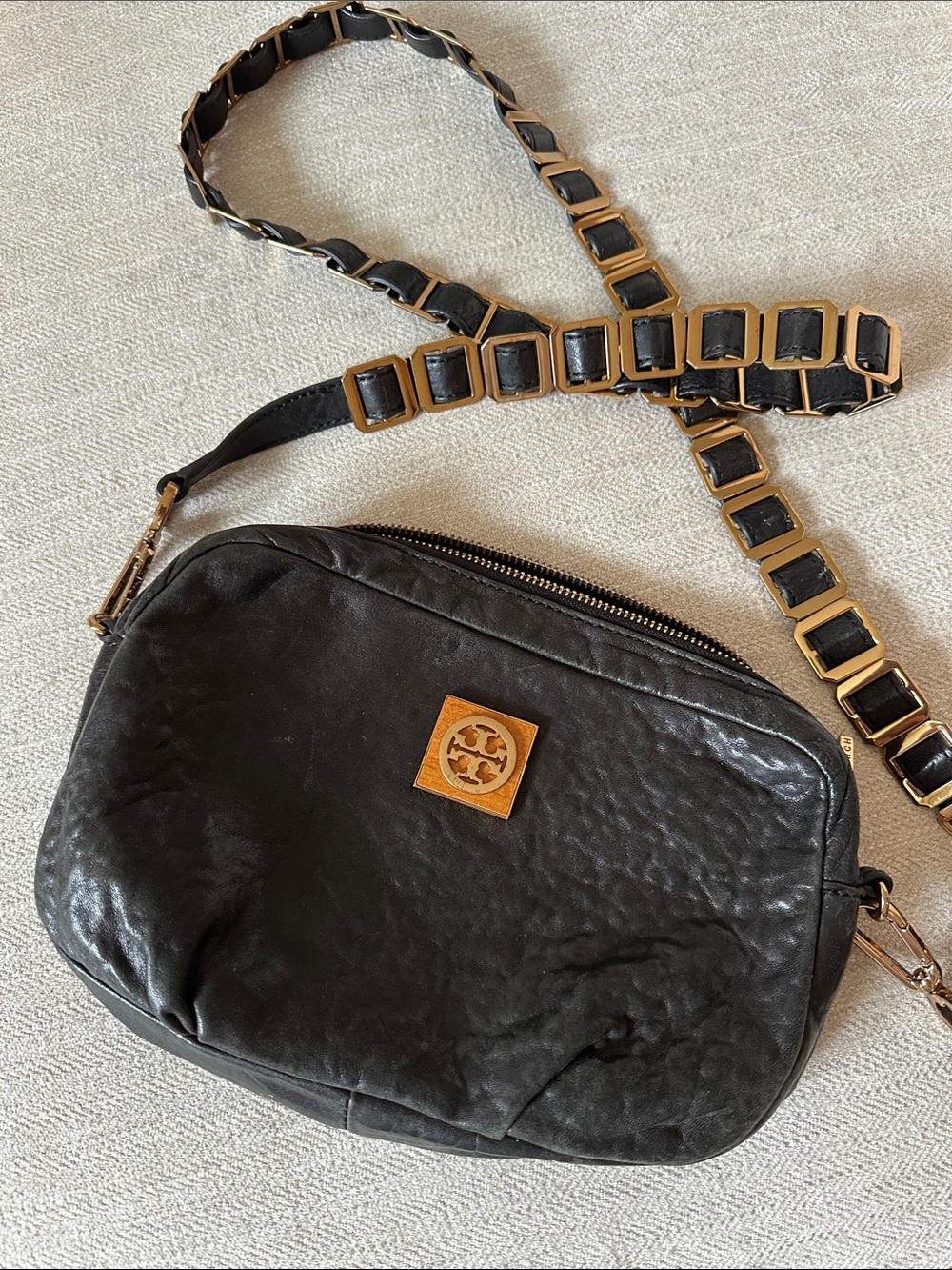 Tory Burch Black Leather Crossbody with Gold Logo and Chain-Linked Strap